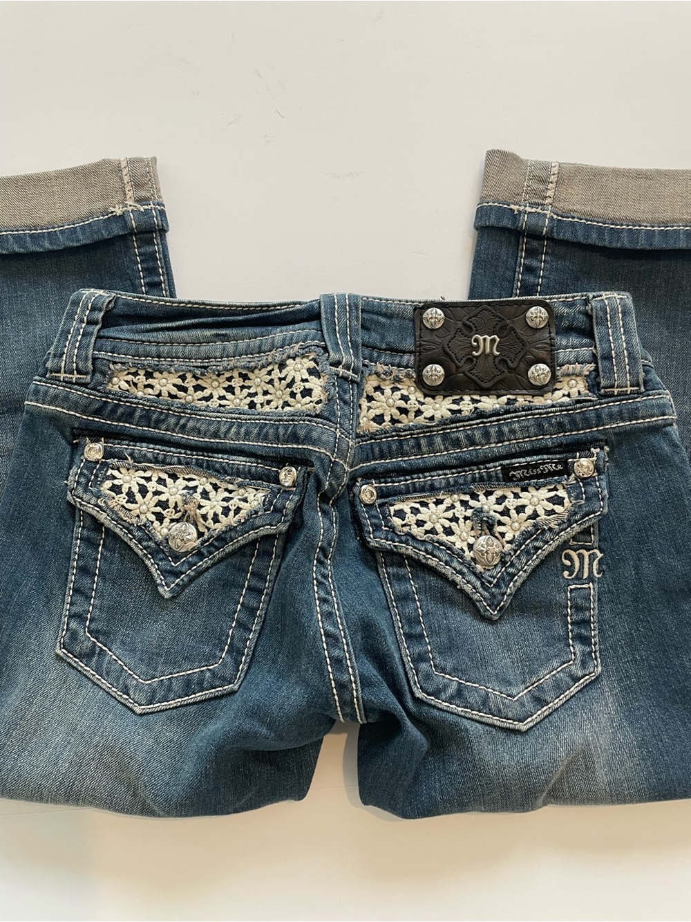 Miss Me Like New Cuffed Capri Blue Denim Jeans with Cream Crochet Pocket Accents